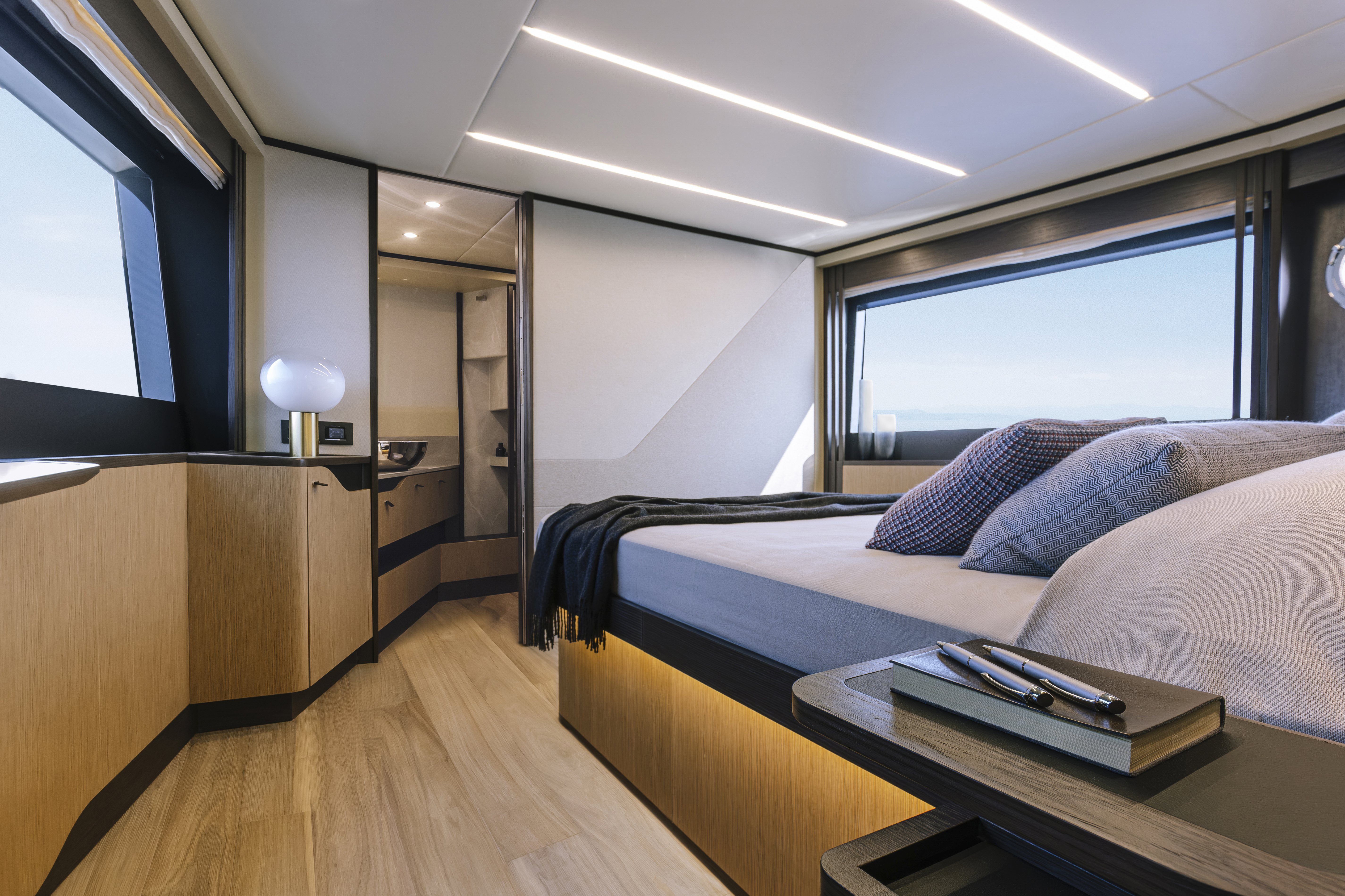 52 FLY main saloon — lounge, helm seats, hull windows