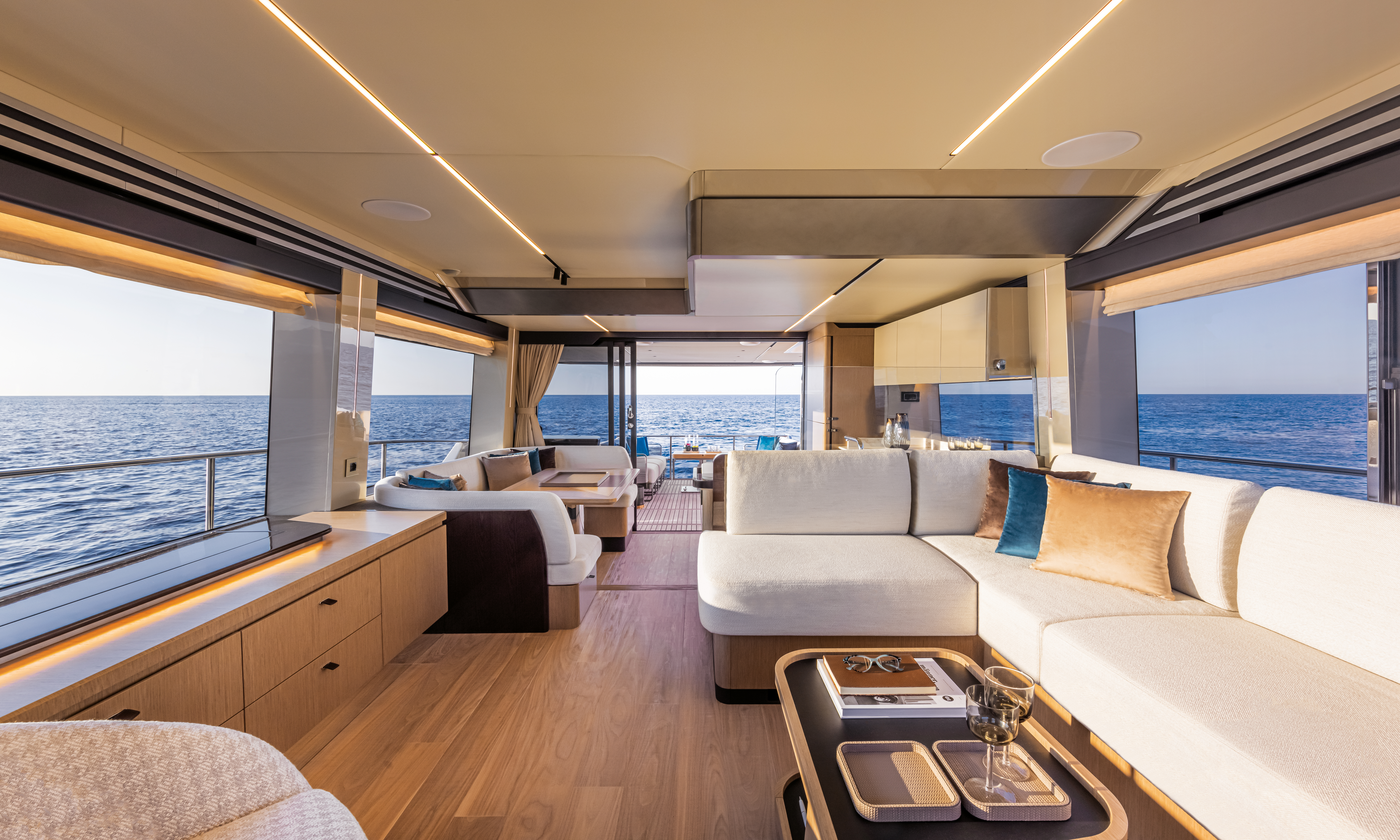 60 FLY galley and saloon full width