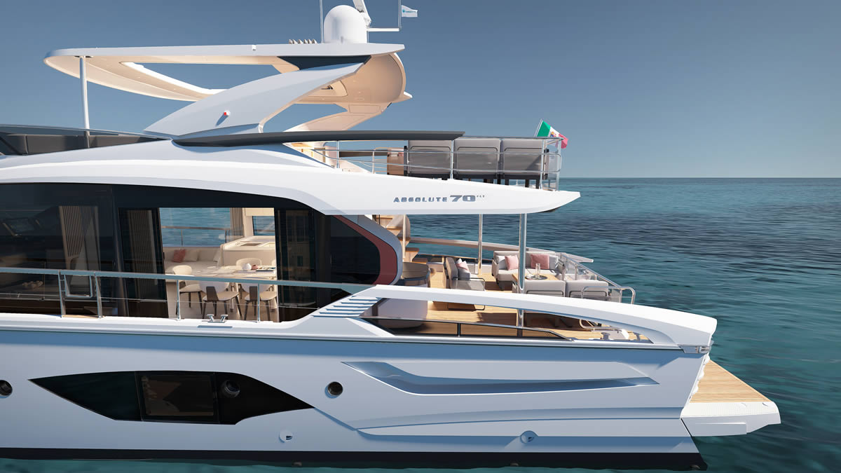 70 FLY aft stern — hi-lo swim platform lowered