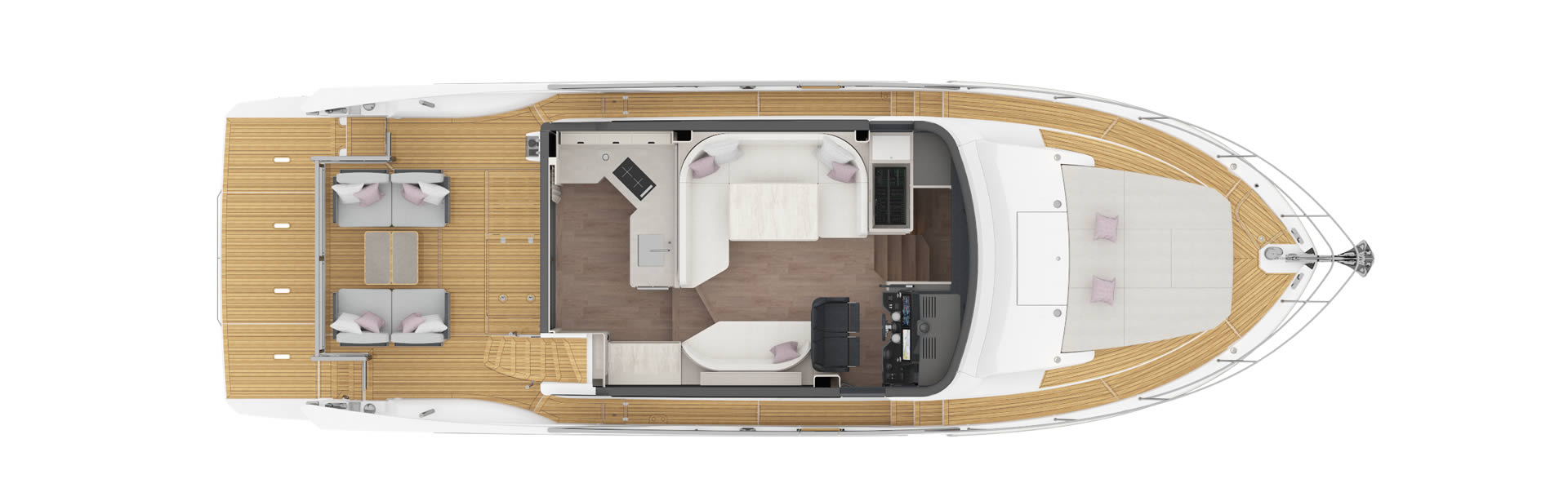 Navetta 50 Calypso — main saloon and panoramic glazing render
