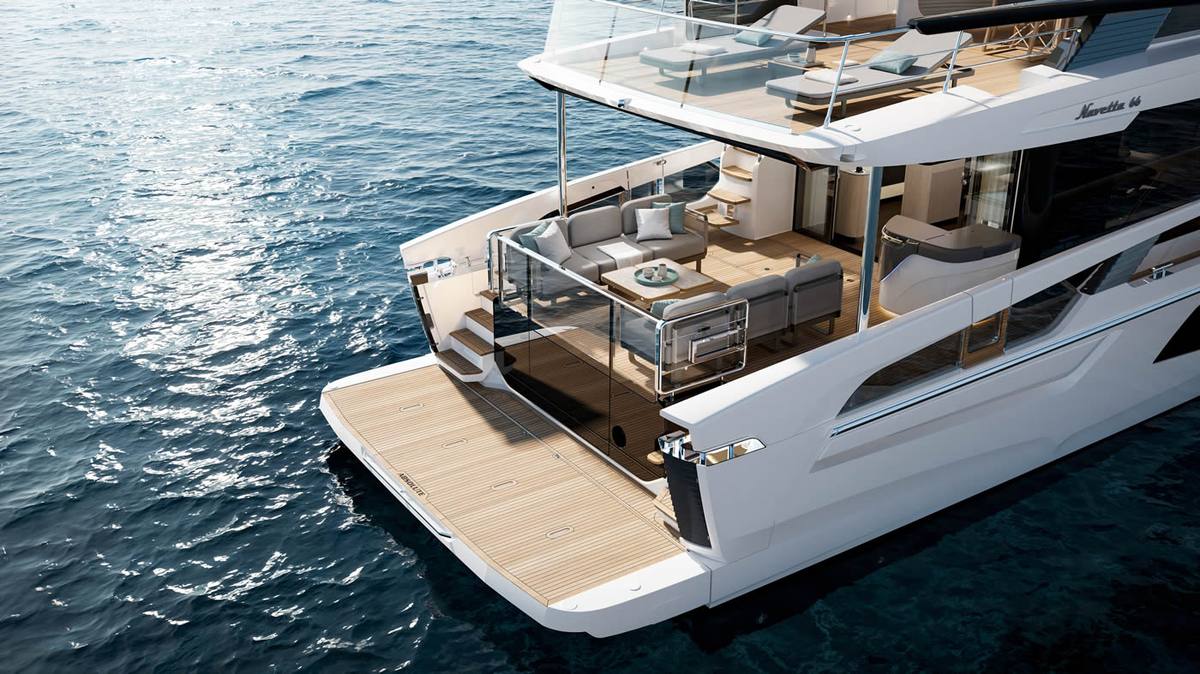 Navetta 66 flybridge overview with helm and dining