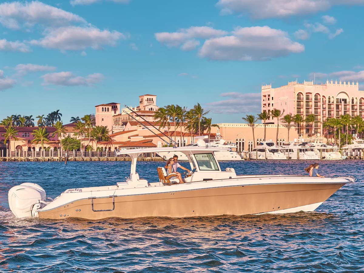 HCB 42 Lujo — white hull Palm Beach intracoastal, golden light