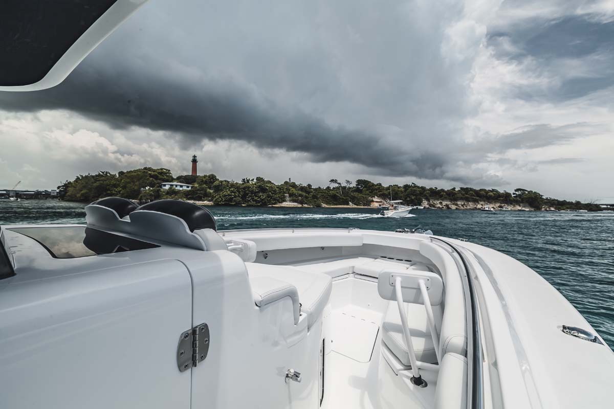 HCB 42 Lujo — bow seating wide, white hull, Palm Beach