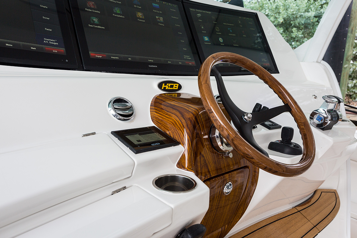 HCB 65 Estrella fishing platform — illuminated livewell with viewing windows, ten rods rigged, teak deck