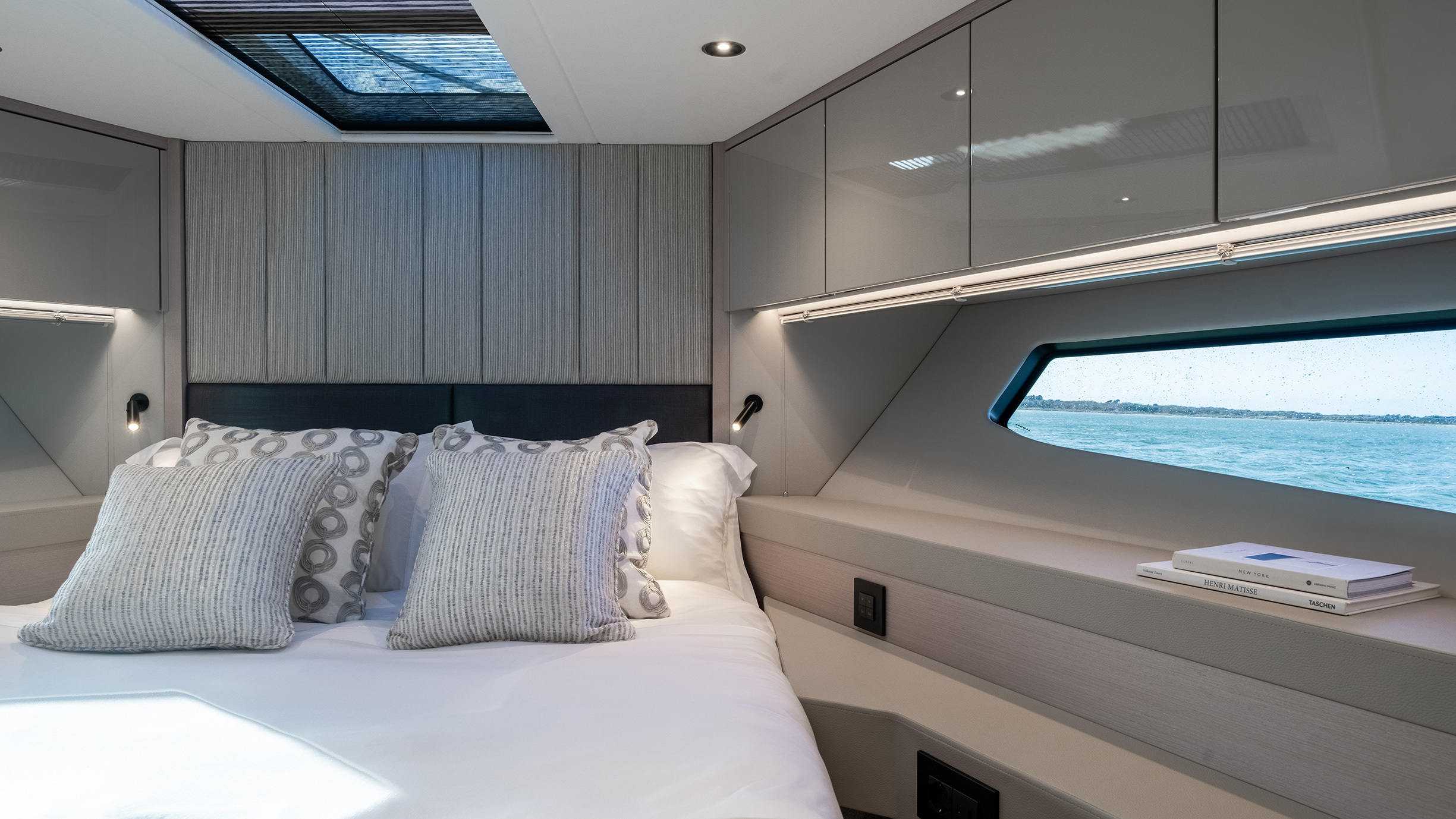 Sunseeker Manhattan 56 — helm and captain seating, looking forward, ocean beyond
