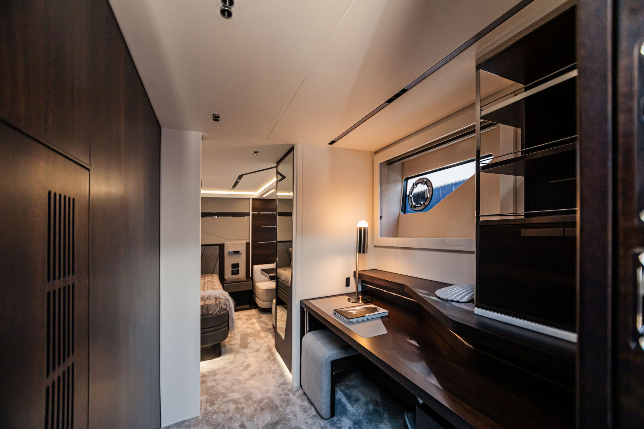 Predator 65 — sliding carbon sunroof open, helm and saloon flooded with light