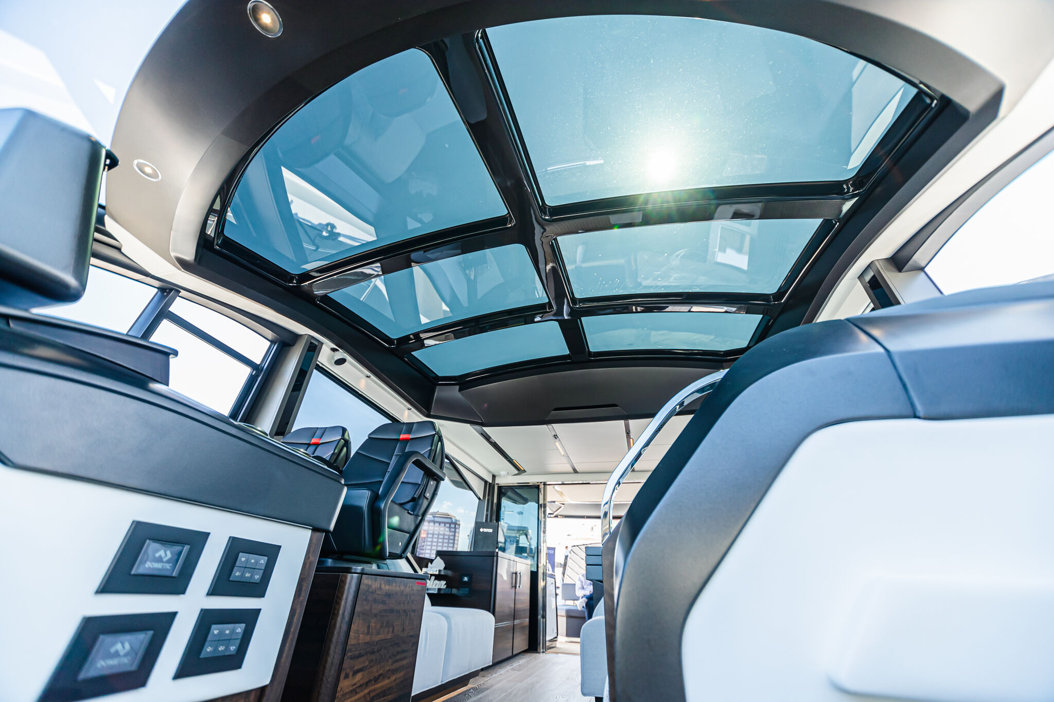 Predator 65 — master en-suite, vessel sink, shower, porthole