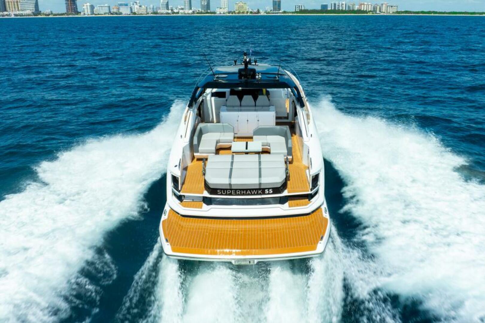 Sunseeker Superhawk 55 — aft close running, teak swim platform, Miami Beach