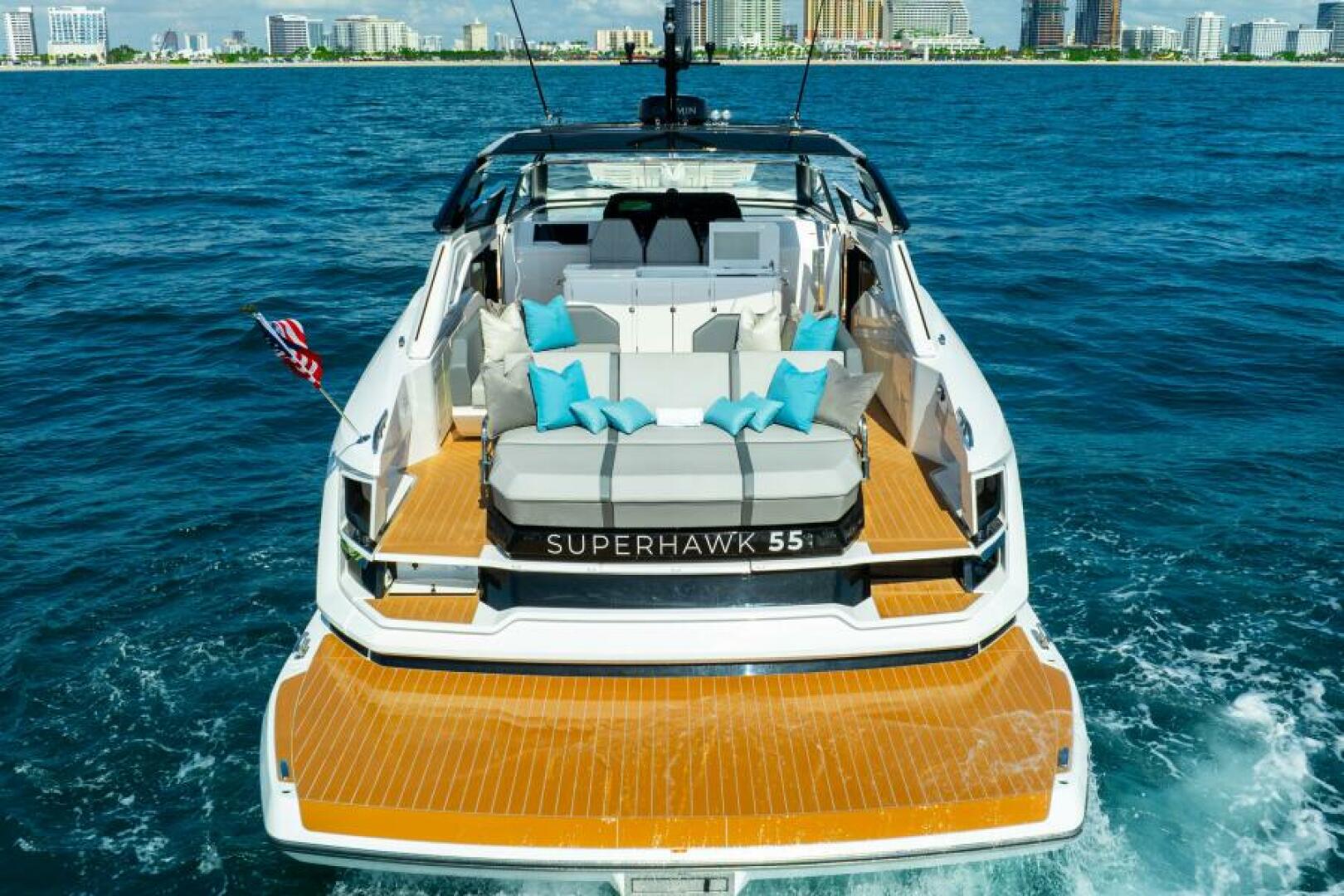 Sunseeker Superhawk 55 — bow-on aerial, foredeck sun pad, Fort Lauderdale