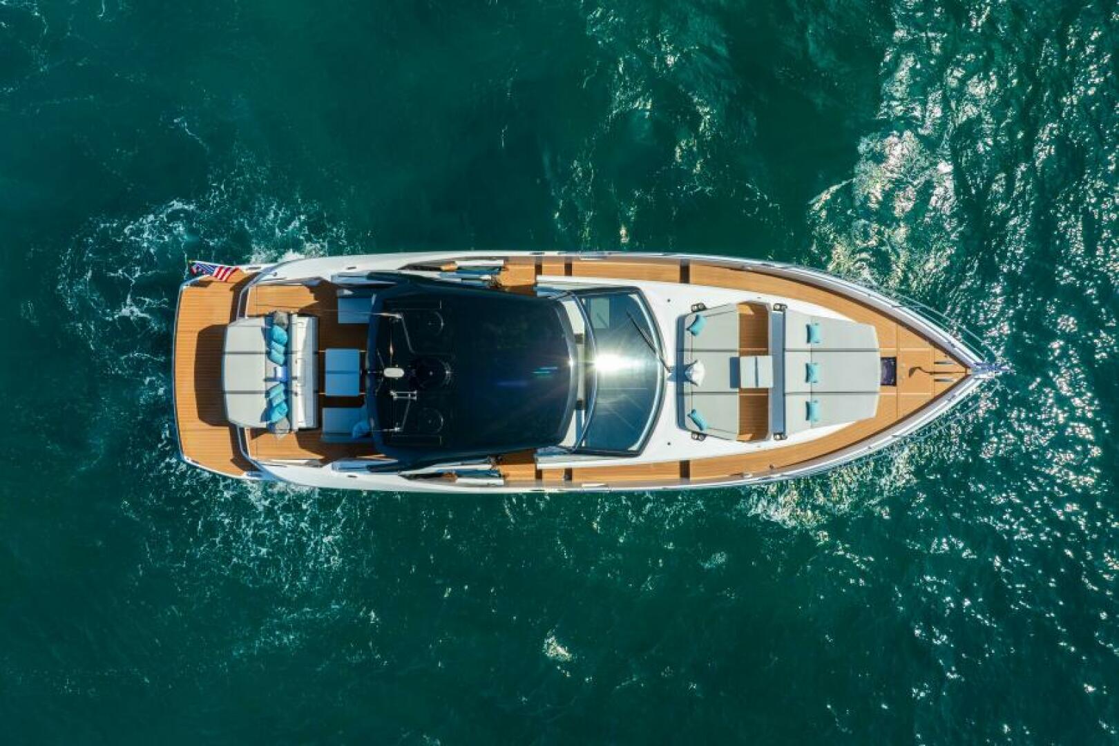 Sunseeker Superhawk 55 — top-down aerial, full teak deck layout, cockpit and foredeck